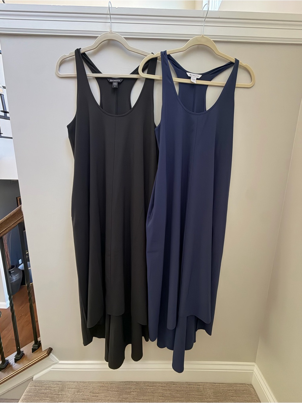 2 Sleeveless Scoop Neck Racer-Back High-Low Maxi Dresses - Black and Navy, Sz S